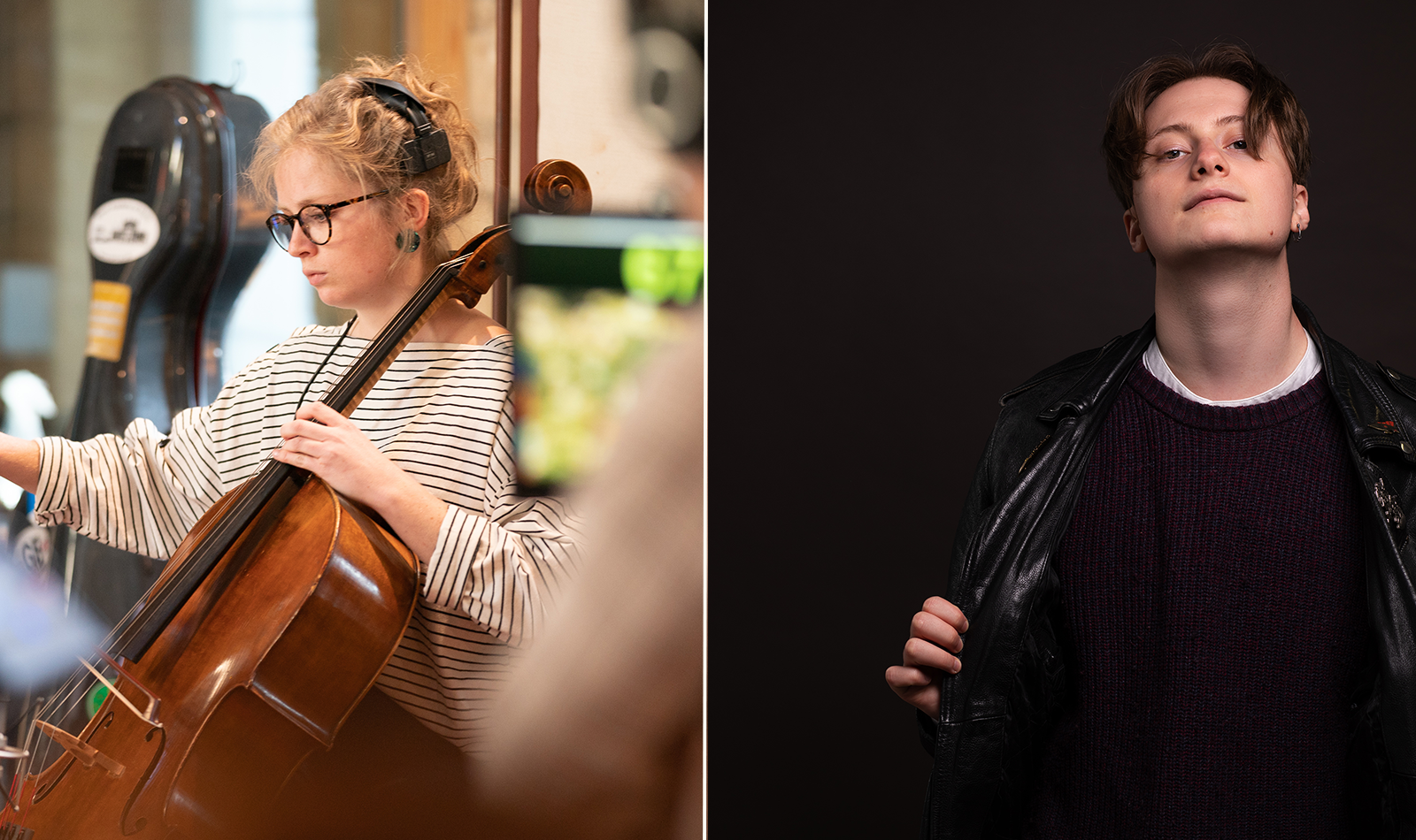 Two photographs. A young white woman plays cello. A young white man stands smiling at the camera